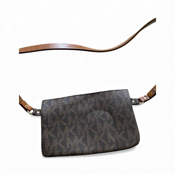 Michael Kors Belt Bag Brown Leather MK Logo 8x5" Gold Chain Travel Glam Designer - Picture 3 of 10
